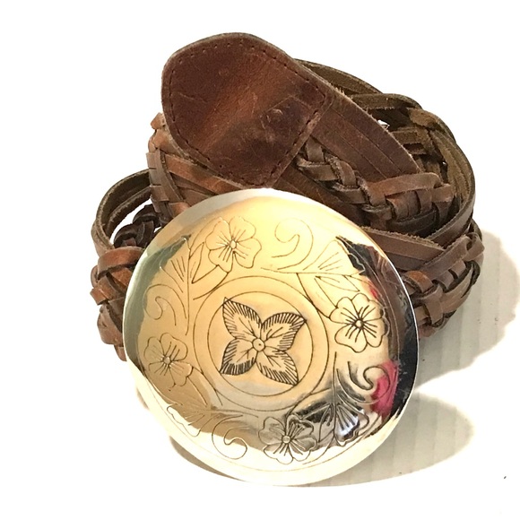 Vintage Genuine Leather Woven Belt Floral Engraved 4” Medallion Buckle Belt M/L - Picture 3 of 10